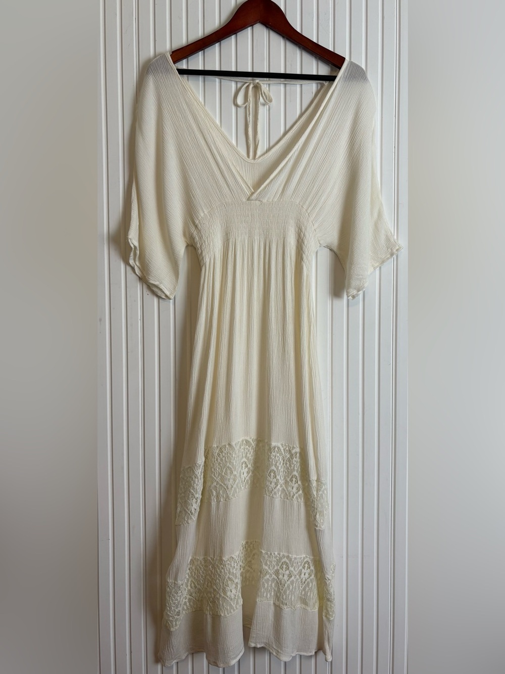 Women’s Bohemian Peasant Hippie Dress One Size Smocked Crochet Cream